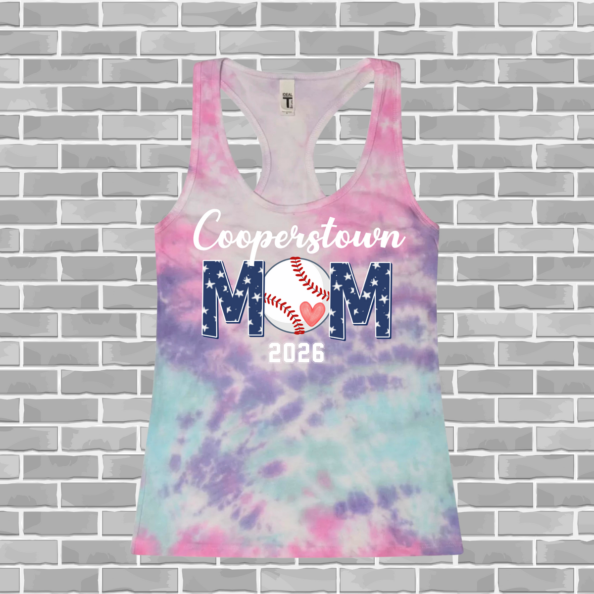 Tie-dye tank top with 'Cooperstown Mom 2026' text and design on a brick wall background