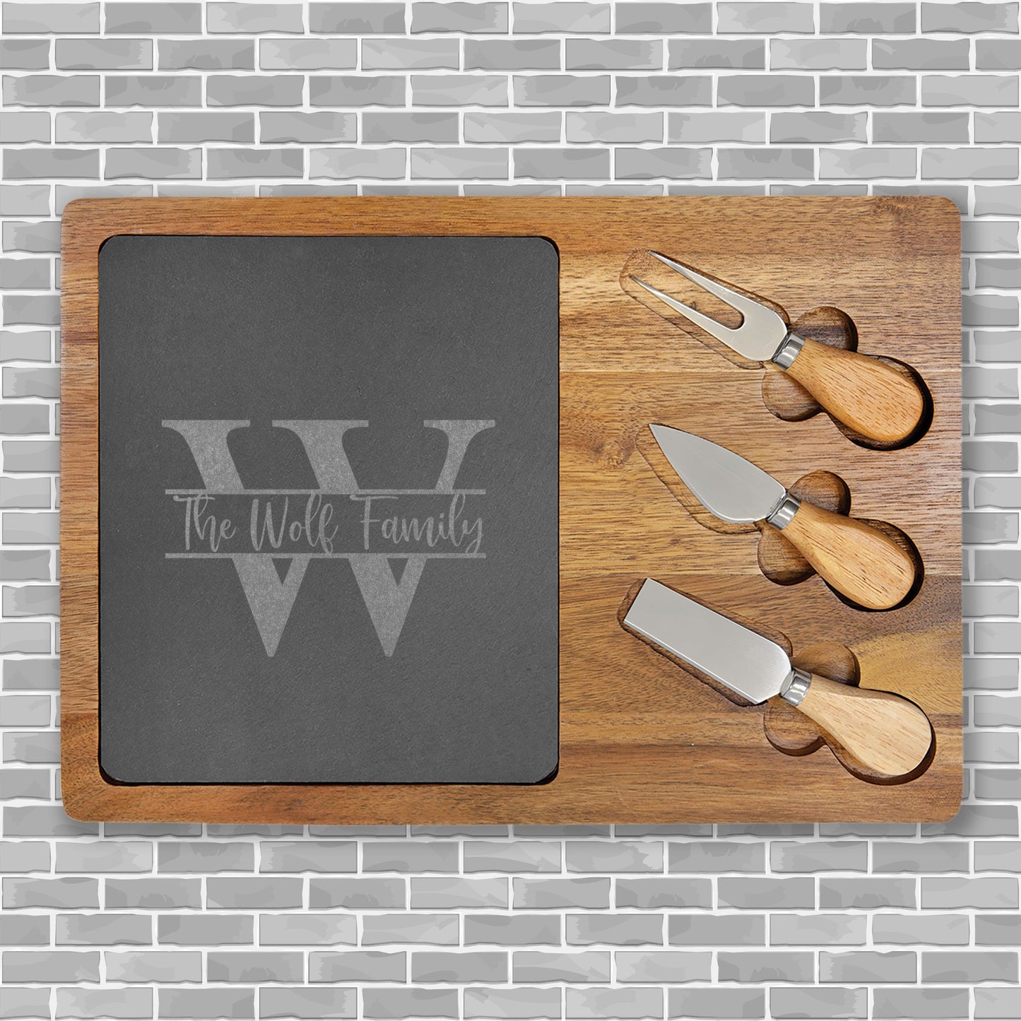 Engraved Slate & Acacia Charcuterie Board — Personalized Monogram