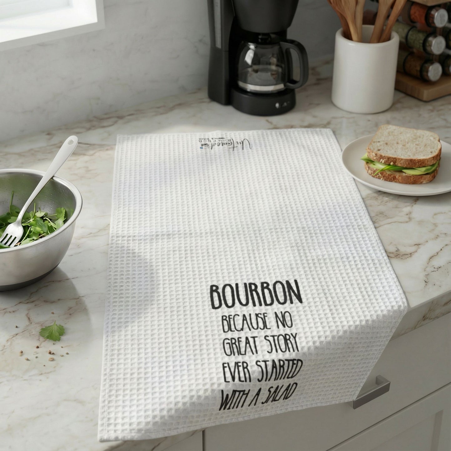 "Bourbon: No Great Story Ever Started With A Salad" Waffle Weave Towel