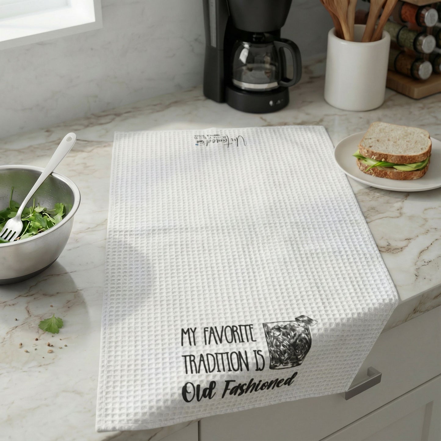"My Favorite Tradition Is Old Fashioned" Waffle Weave Tea Towel