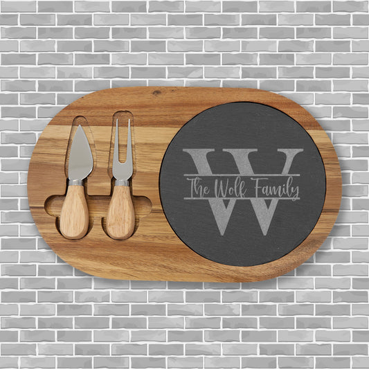 Engraved Slate & Acacia Charcuterie Board — Personalized Monogram