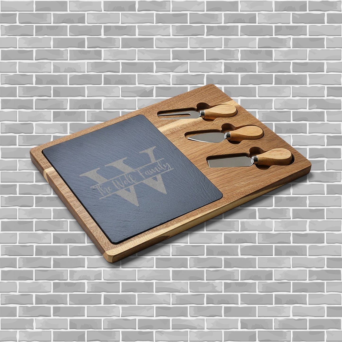 Engraved Slate & Acacia Charcuterie Board — Personalized Monogram