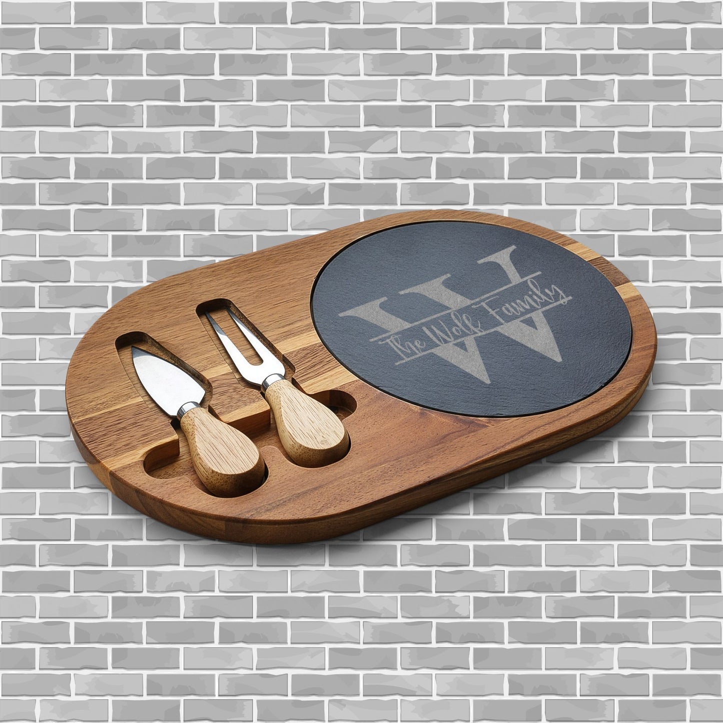 Engraved Slate & Acacia Charcuterie Board — Personalized Monogram