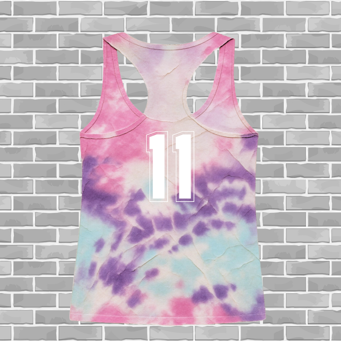 Tie-dye tank top with number 11 on a brick wall background