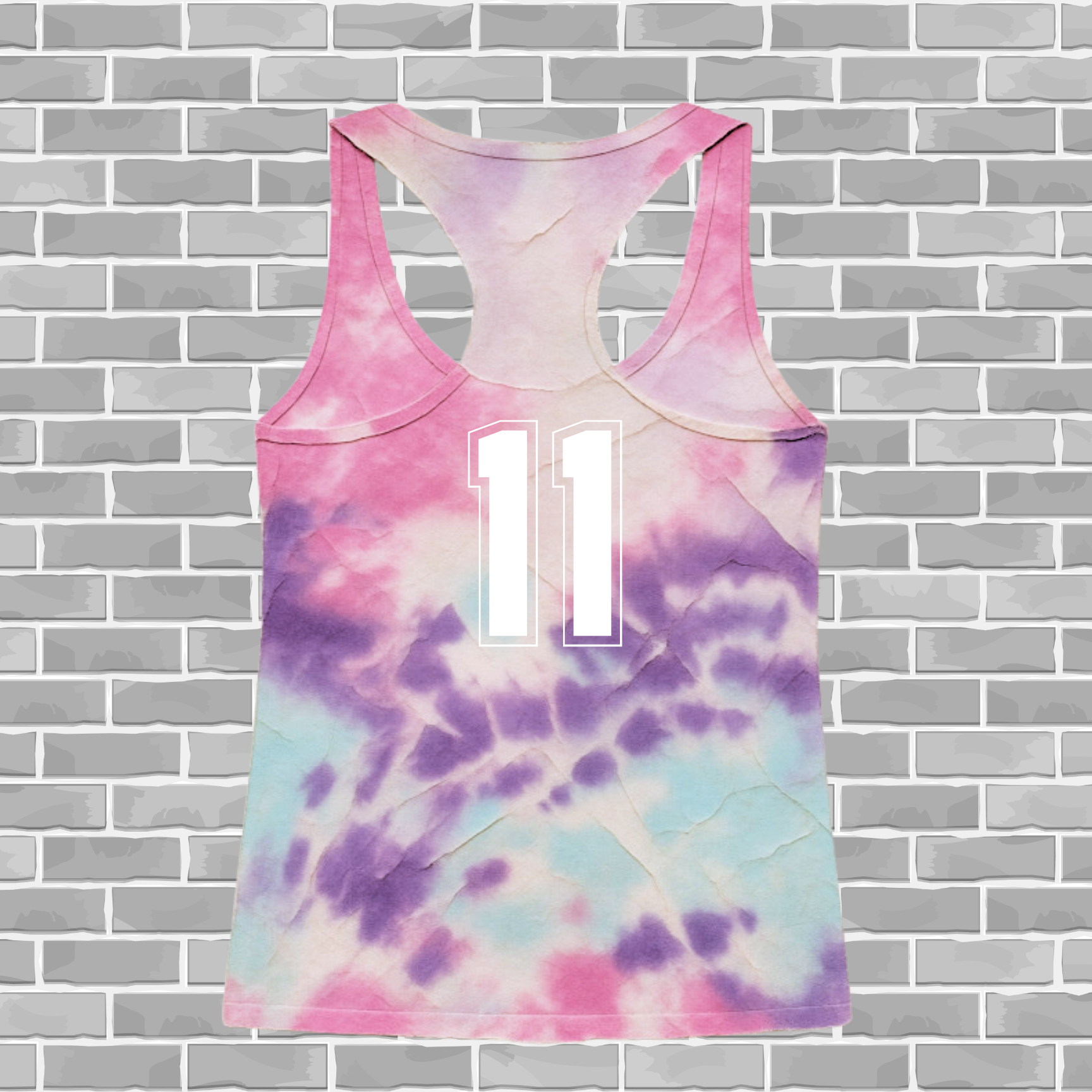 Tie-dye tank top with number 11 on a brick wall background